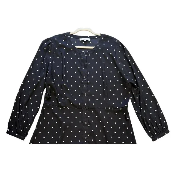 Loft Black White Dress Polka Dot Button-Down Long Sleeves 18 Midi Office Wear - Picture 2 of 6